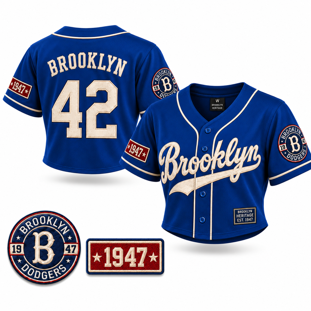 Women's Brooklyn 1947 blue crop top baseball jersey