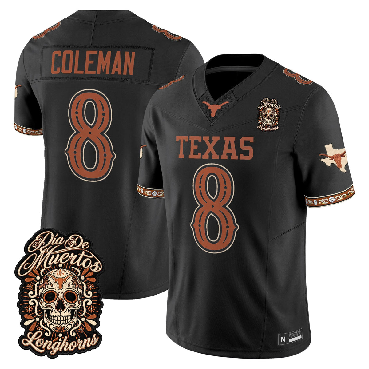 Men's Texas Longhorns Día de los Muertos Vapor Limited Jersey - All Stitched - BLACK - CAM COLEMAN