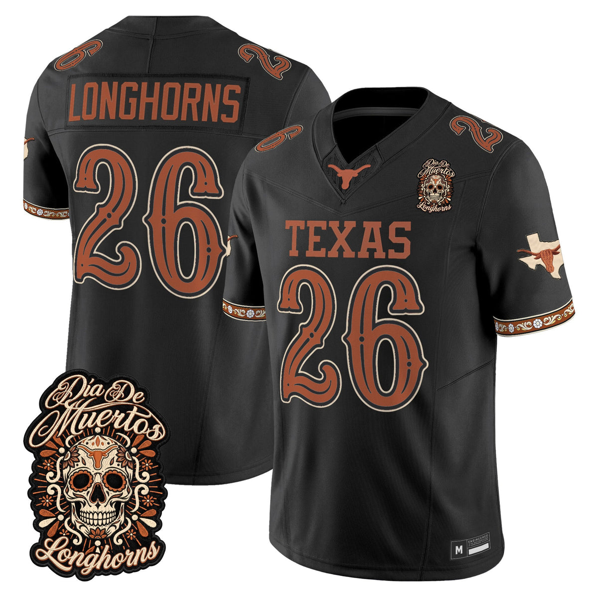 Men's Texas Longhorns Día de los Muertos Vapor Limited Jersey - All Stitched - BLACK - #26 LONGHORNS