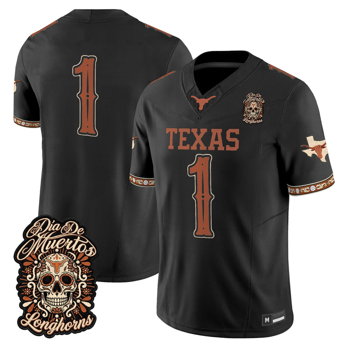 Men's Texas Longhorns Día de los Muertos Vapor Limited Jersey - All Stitched - BLACK - #1 TEAM