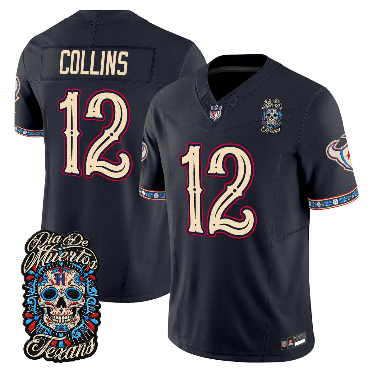Men's Houston Texans Día de los Muertos Vapor Limited Jersey - All Stitched - Navy - Nico Collins