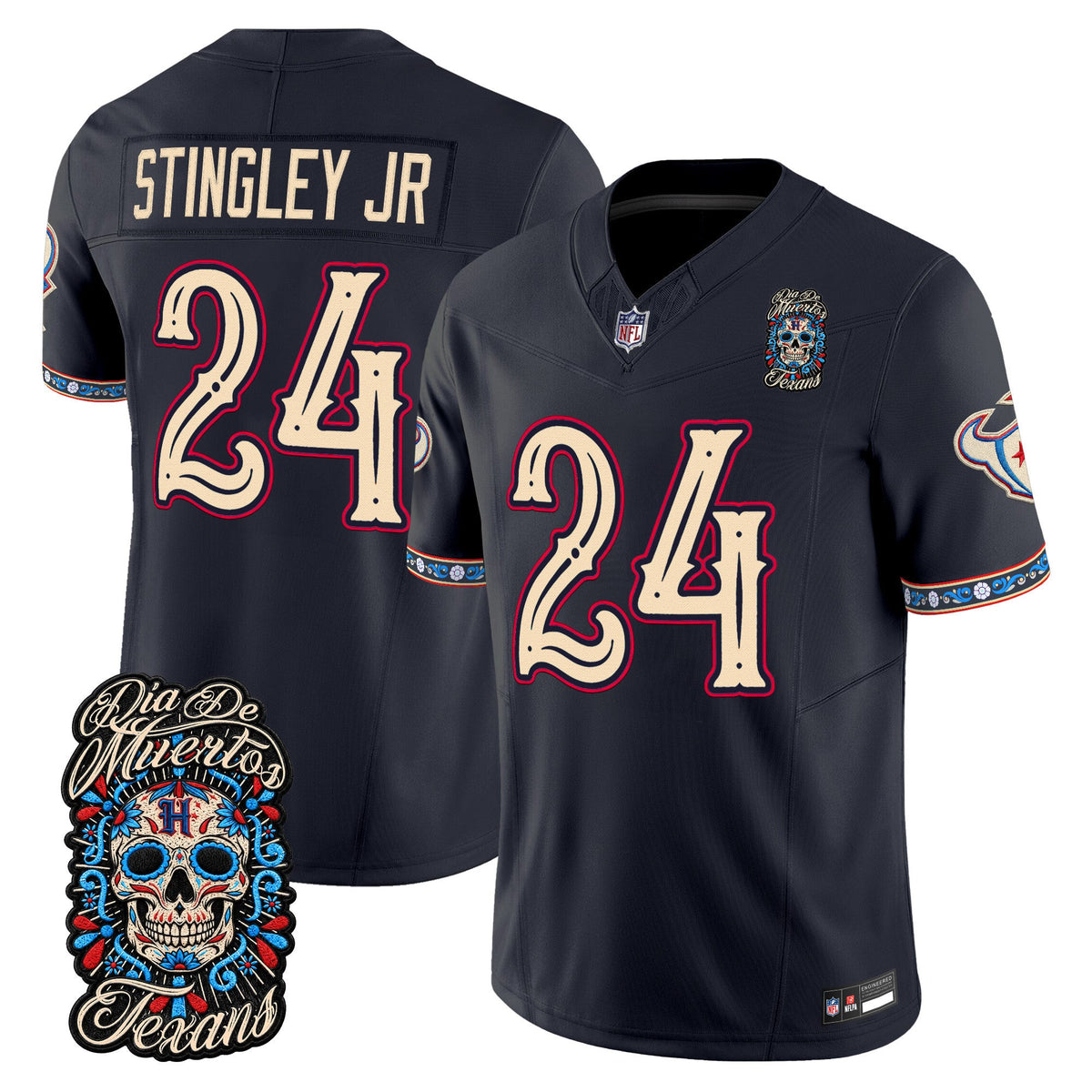 Men's Houston Texans Día de los Muertos Vapor Limited Jersey - All Stitched - Navy - Derek Stingley Jr.