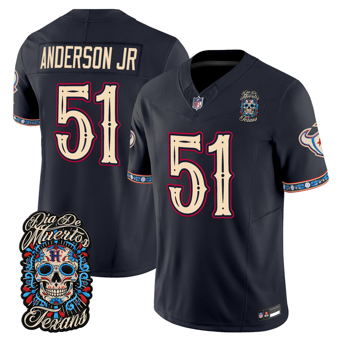 Men's Houston Texans Día de los Muertos Vapor Limited Jersey - All Stitched - Navy - Will Anderson Jr.