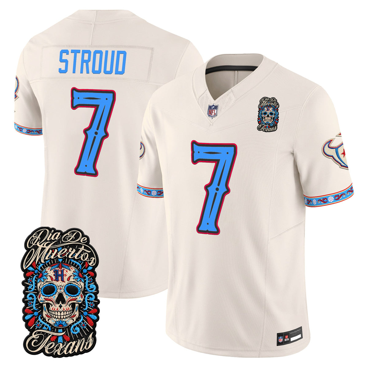 Men's Houston Texans Día de los Muertos Vapor Limited Jersey - All Stitched - Bone - C.J. Stroud