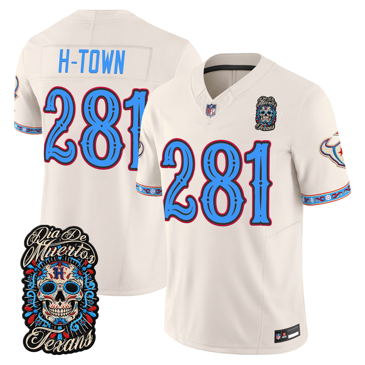 Men's Houston Texans Día de los Muertos Vapor Limited Jersey - All Stitched - Bone - H‑Town 281