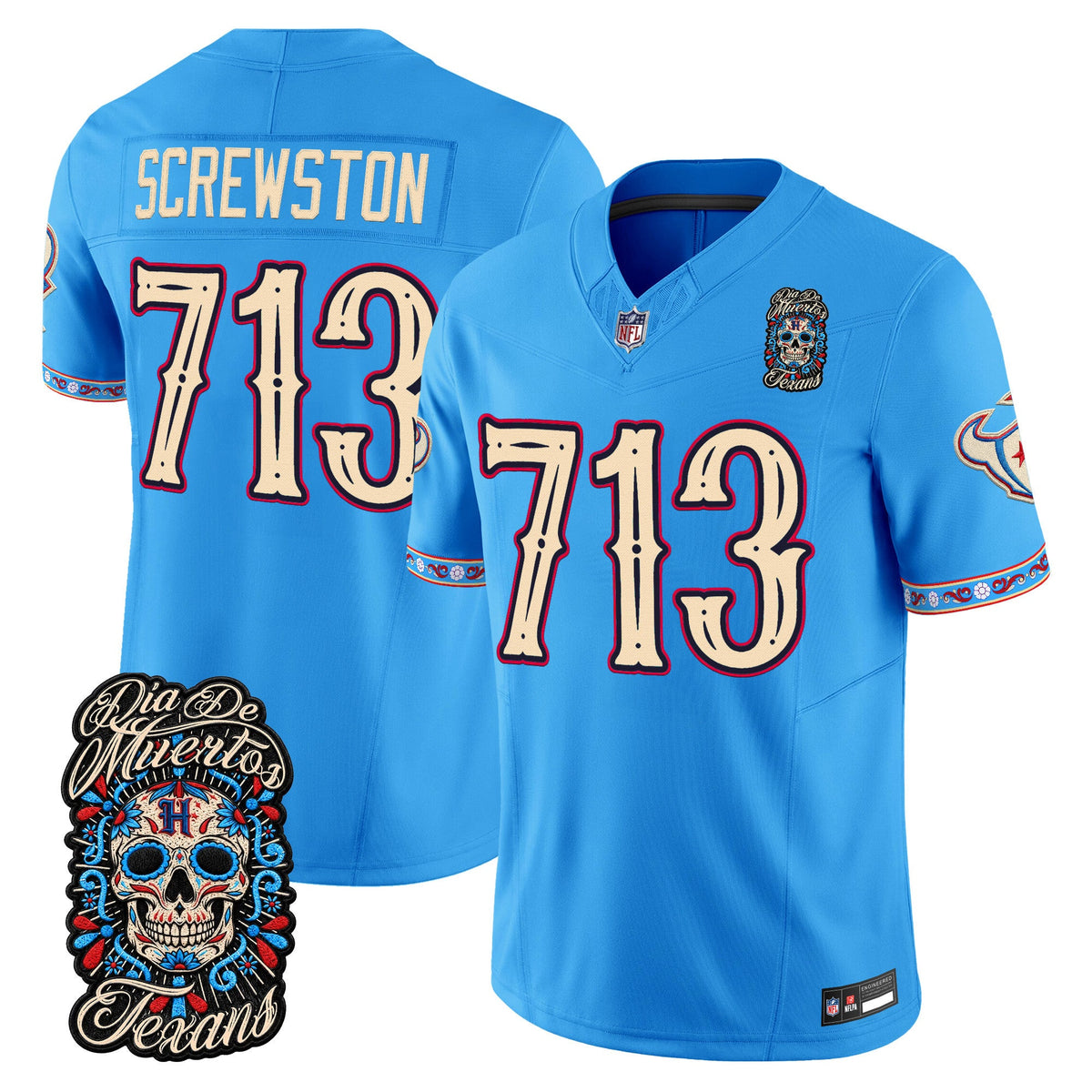 Men's Houston Texans Día de los Muertos Vapor Limited Jersey - All Stitched - Blue - Screwston 713