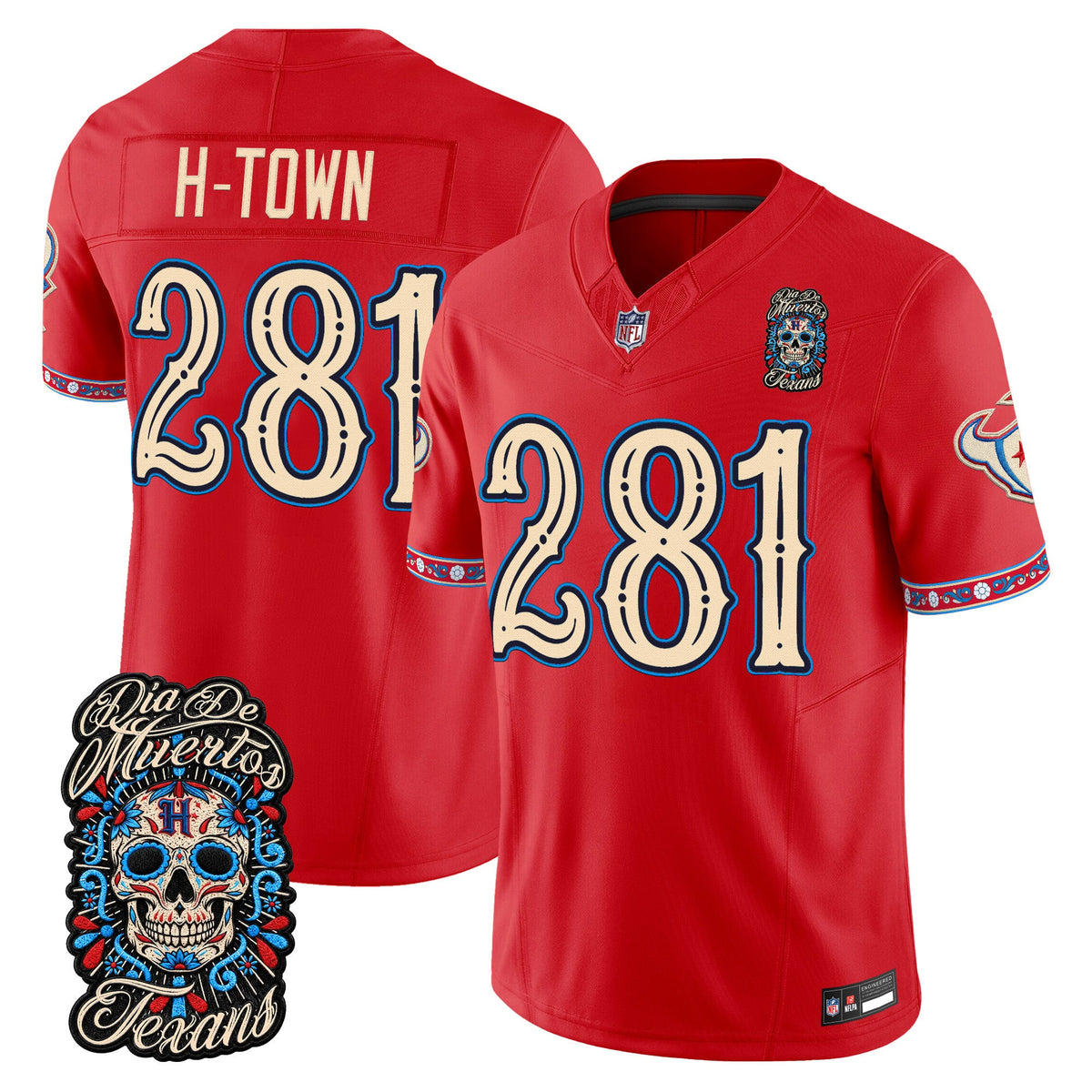 Men's Houston Texans Día de los Muertos Vapor Limited Jersey - All Stitched - Red - H‑Town 281