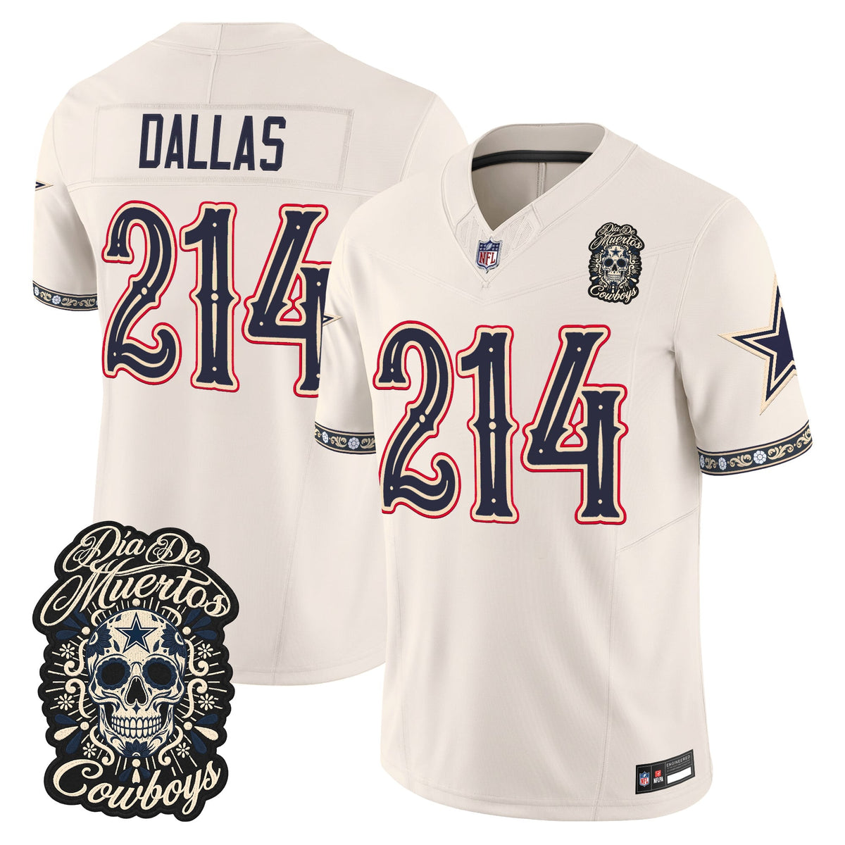 Men's Dallas Cowboys Día de los Muertos Vapor Limited Jersey - All Stitched - BONE - DALLAS 214