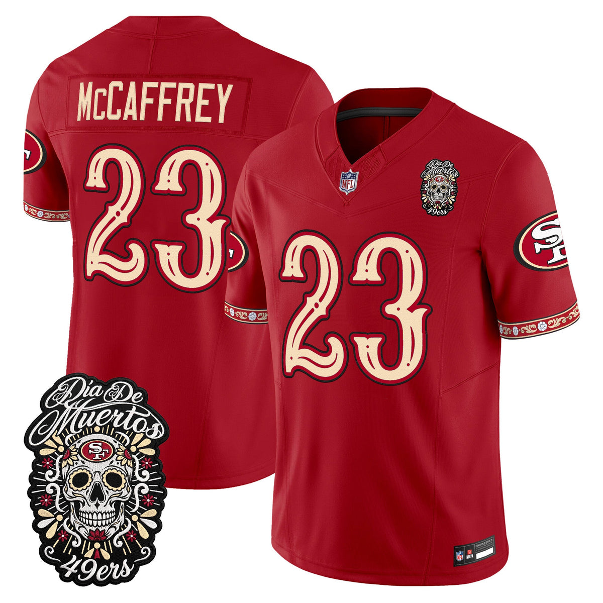 Men's San Francisco 49ers Día de los Muertos Vapor Limited Jersey - All Stitched - Scarlet - Christian Mccaffrey