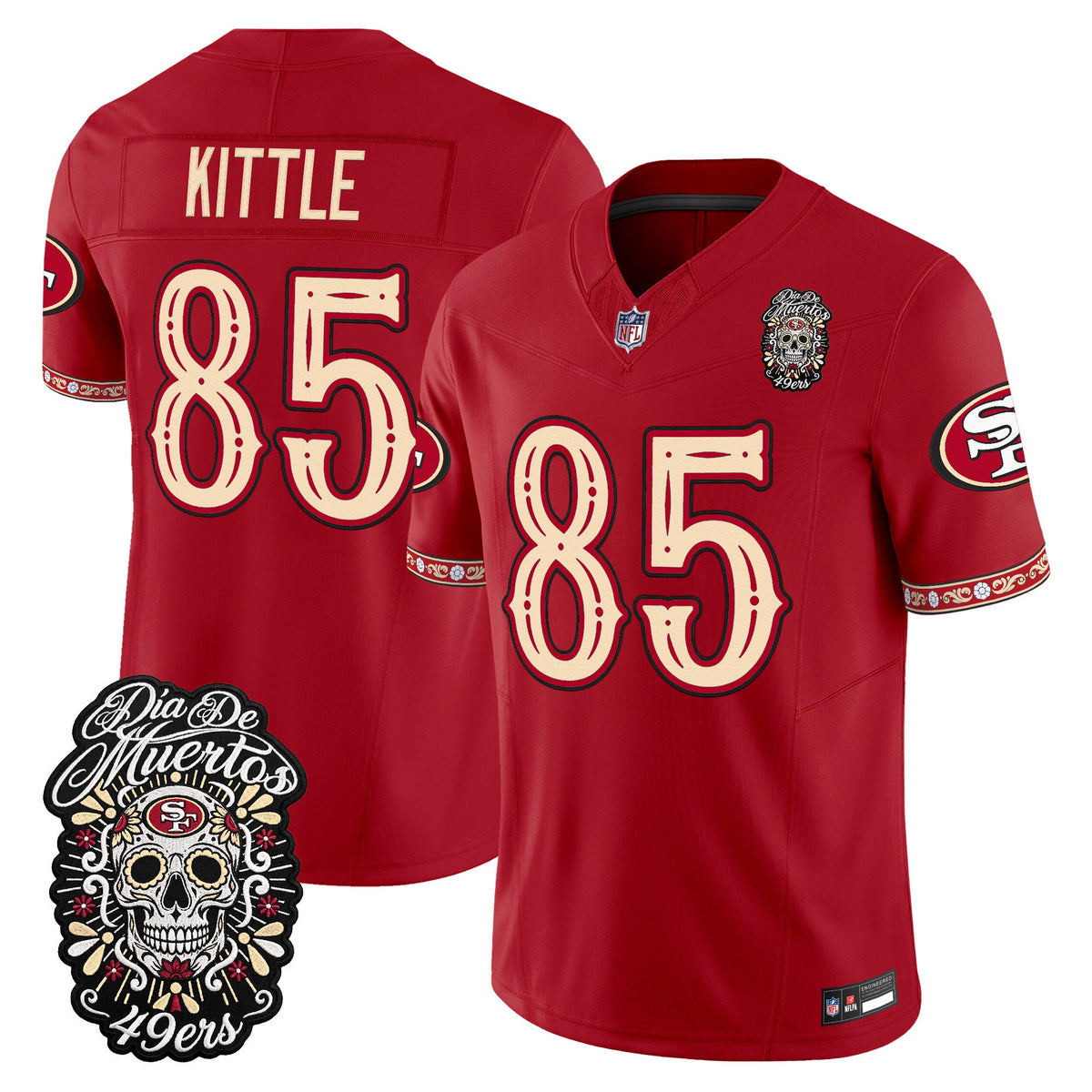 Men's San Francisco 49ers Día de los Muertos Vapor Limited Jersey - All Stitched - Scarlet - George Kittle