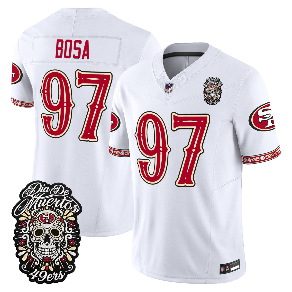 Men's San Francisco 49ers Día de los Muertos Vapor Limited Jersey - All Stitched - White - Nick Bosa