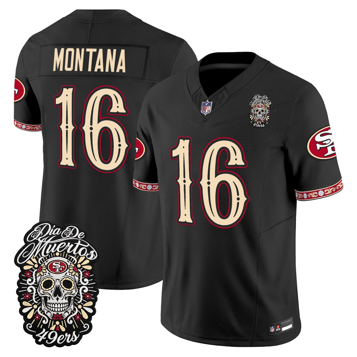 Men's San Francisco 49ers Día de los Muertos Vapor Limited Jersey - All Stitched - Black - Joe Montana