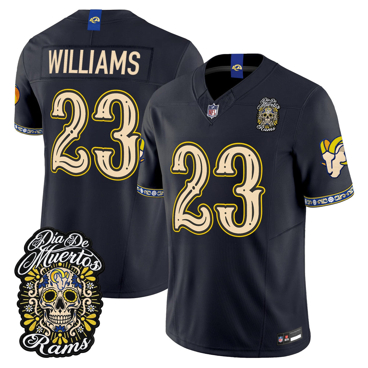 Men's Los Angeles Rams Día de los Muertos Vapor Limited Jersey - All Stitched - Dark Blue - Kyren Williams