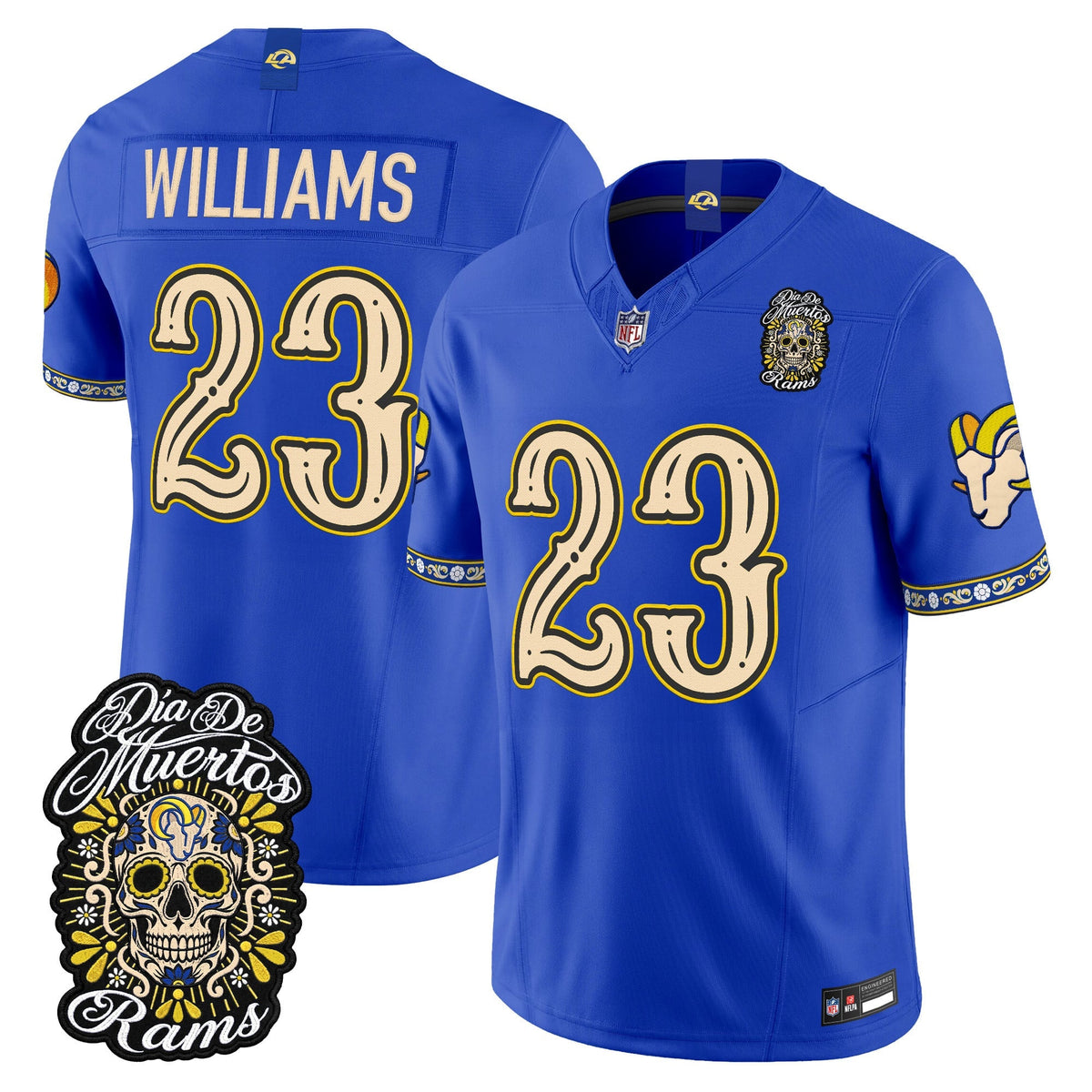 Men's Los Angeles Rams Día de los Muertos Vapor Limited Jersey - All Stitched - Royal - Kyren Williams