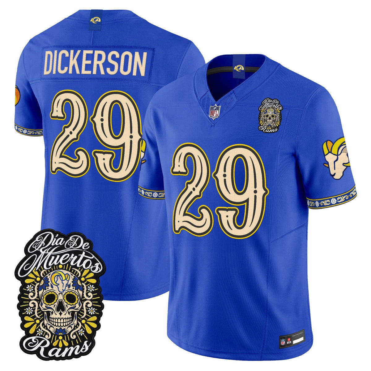 Men's Los Angeles Rams Día de los Muertos Vapor Limited Jersey - All Stitched - Royal - Eric Dickerson