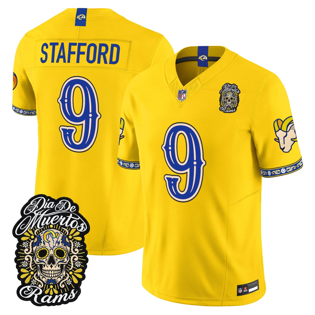 Men's Los Angeles Rams Día de los Muertos Vapor Limited Jersey - All Stitched - Gold - Matthew Stafford