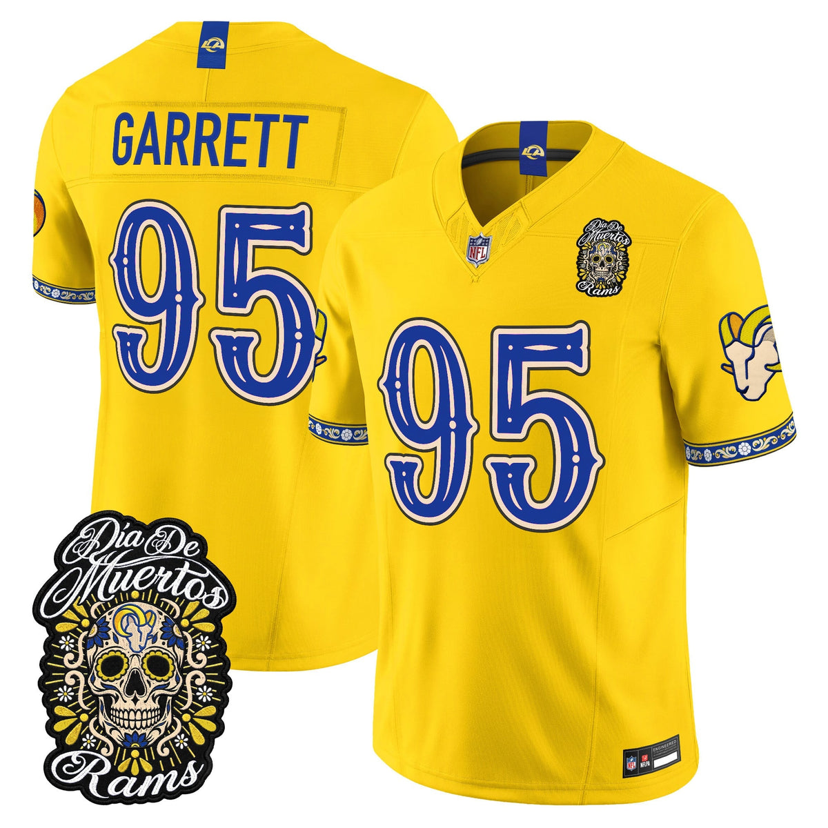 Men's Los Angeles Rams Día de los Muertos Vapor Limited Jersey - All Stitched - Gold - Myles Garrett