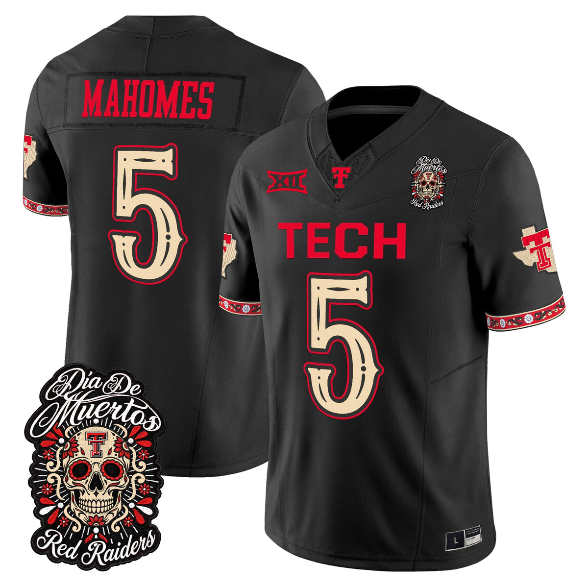Men's Texas Tech Red Raiders Día de los Muertos Vapor Limited Jersey - All Stitched - Black - Patrick Mahomes