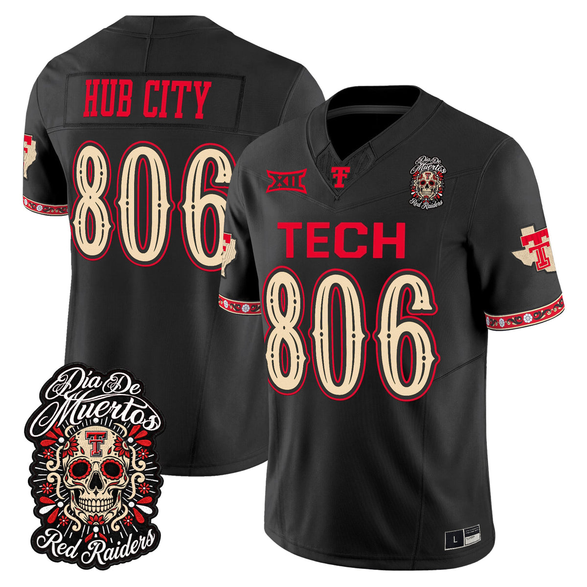 Men's Texas Tech Red Raiders Día de los Muertos Vapor Limited Jersey - All Stitched - Black - Hub City 806