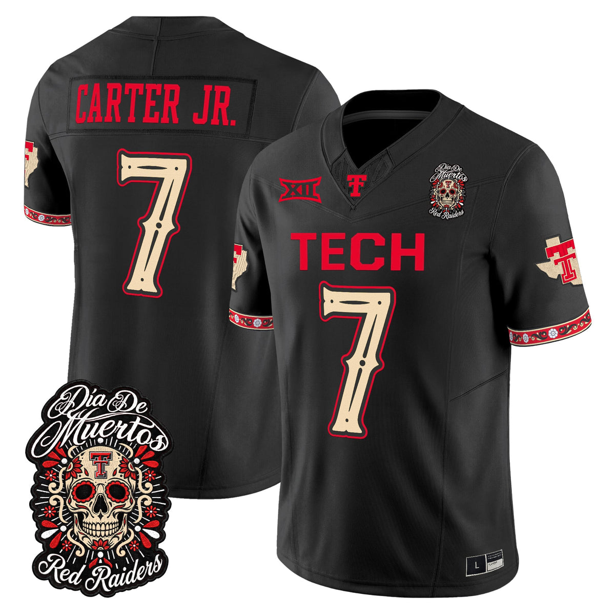 Men's Texas Tech Red Raiders Día de los Muertos Vapor Limited Jersey - All Stitched - Black - Terrance Carter Jr.