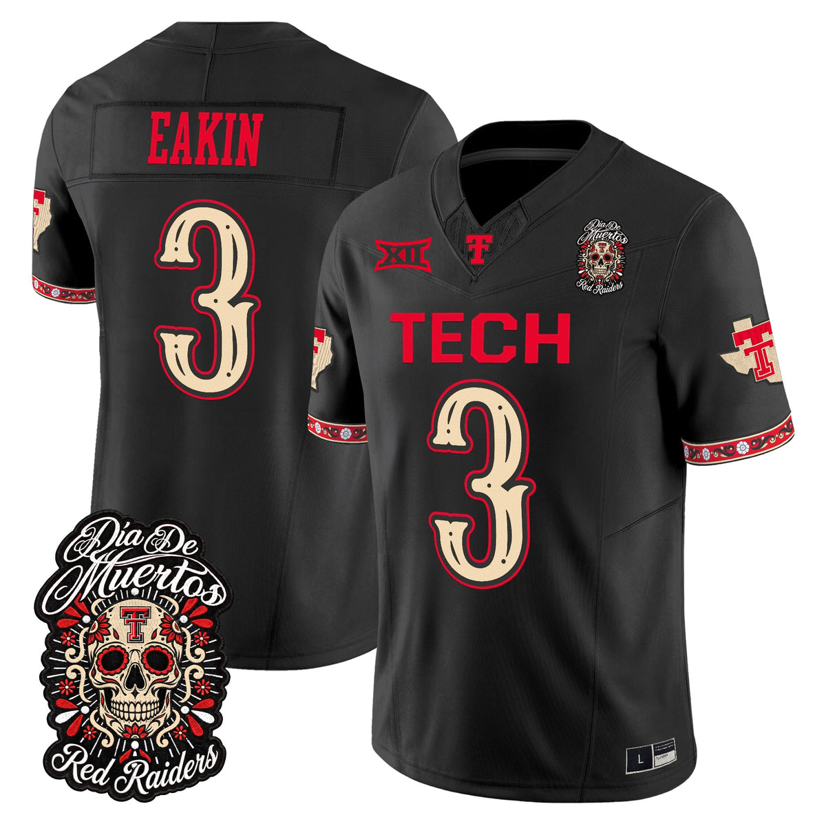 Men's Texas Tech Red Raiders Día de los Muertos Vapor Limited Jersey - All Stitched - Black - Coy Eakin