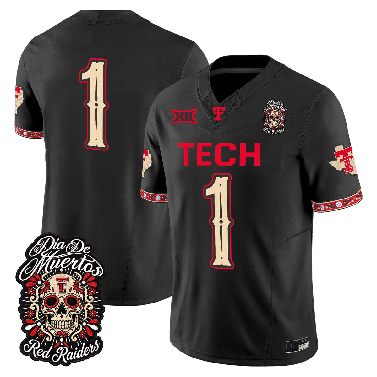 Men's Texas Tech Red Raiders Día de los Muertos Vapor Limited Jersey - All Stitched - Black - #1 Team