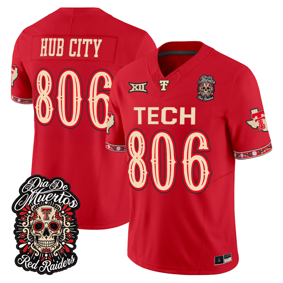 Men's Texas Tech Red Raiders Día de los Muertos Vapor Limited Jersey - All Stitched - Red - Hub City 806