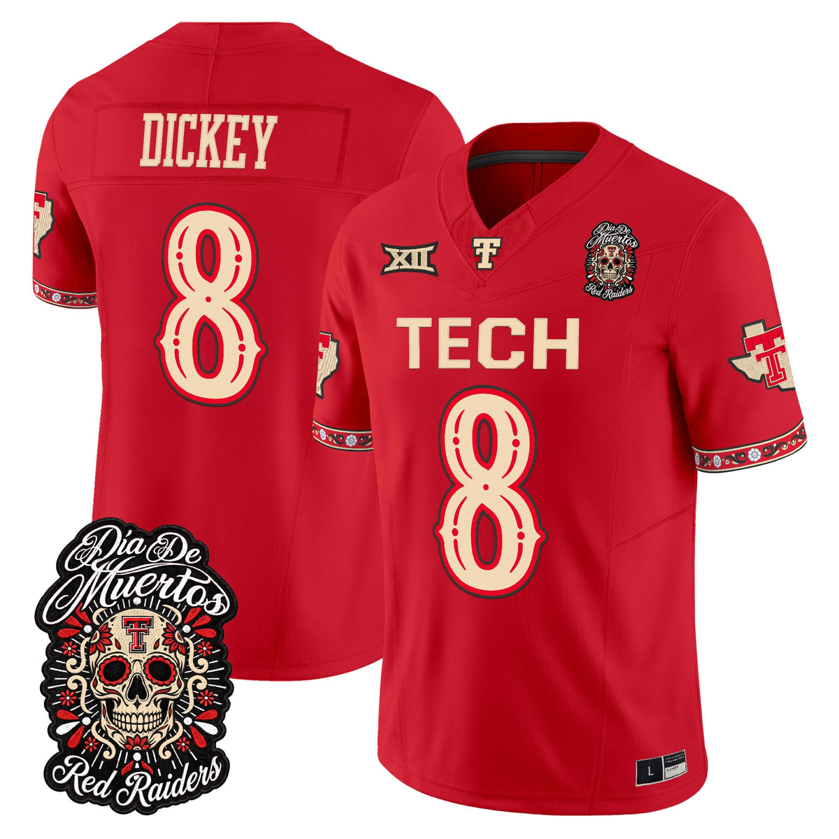 Men's Texas Tech Red Raiders Día de los Muertos Vapor Limited Jersey - All Stitched - Red - Cameron Dickey
