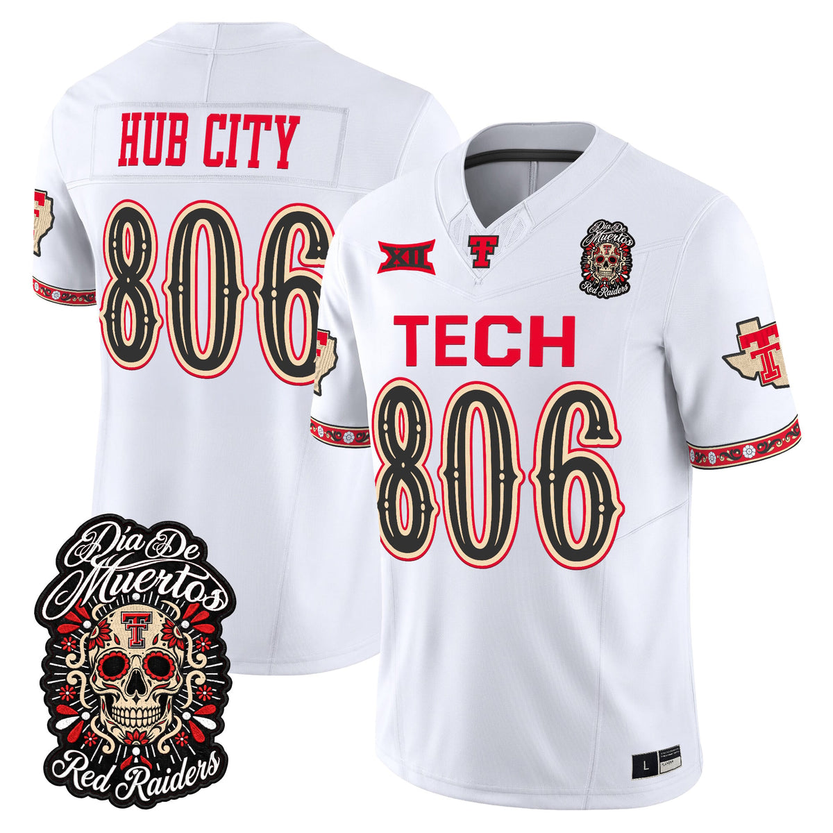 Men's Texas Tech Red Raiders Día de los Muertos Vapor Limited Jersey - All Stitched - White - Hub City 806