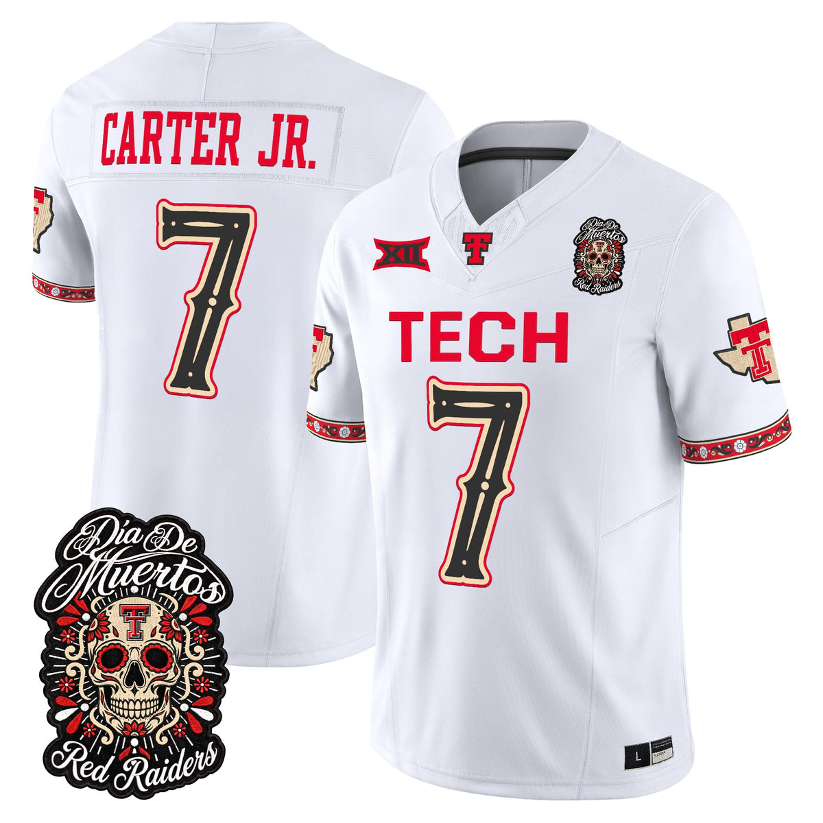 Men's Texas Tech Red Raiders Día de los Muertos Vapor Limited Jersey - All Stitched - White - Terrance Carter Jr.