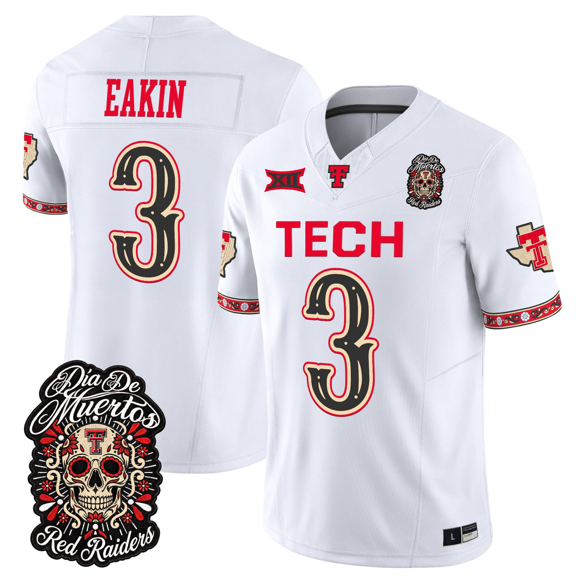 Men's Texas Tech Red Raiders Día de los Muertos Vapor Limited Jersey - All Stitched - White - Coy Eakin