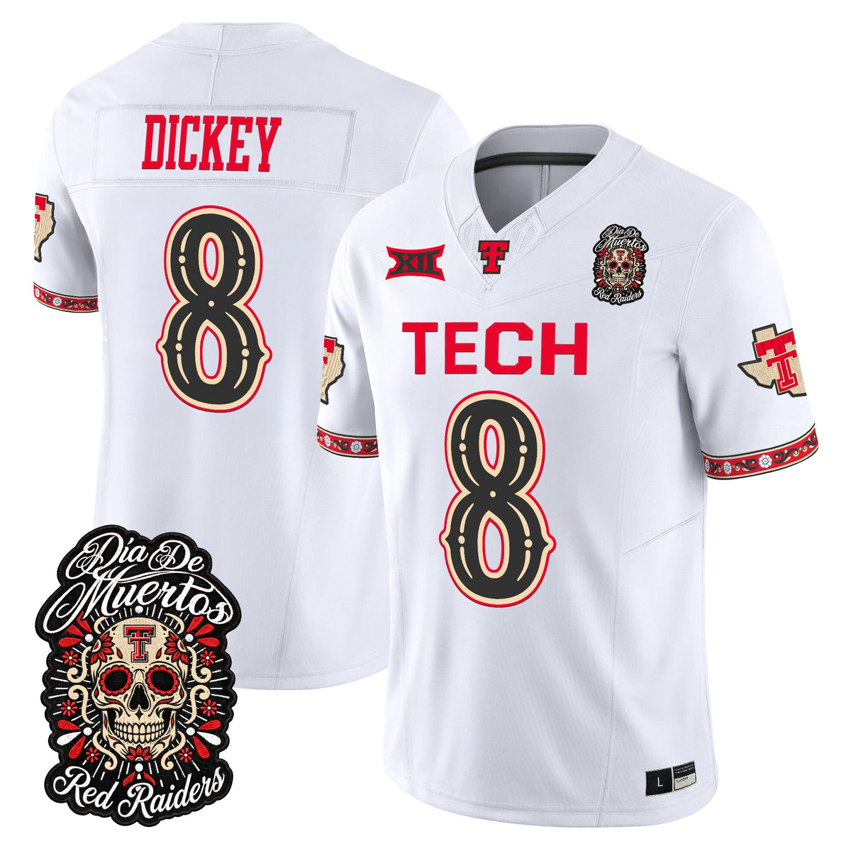 Men's Texas Tech Red Raiders Día de los Muertos Vapor Limited Jersey - All Stitched - White - Cameron Dickey