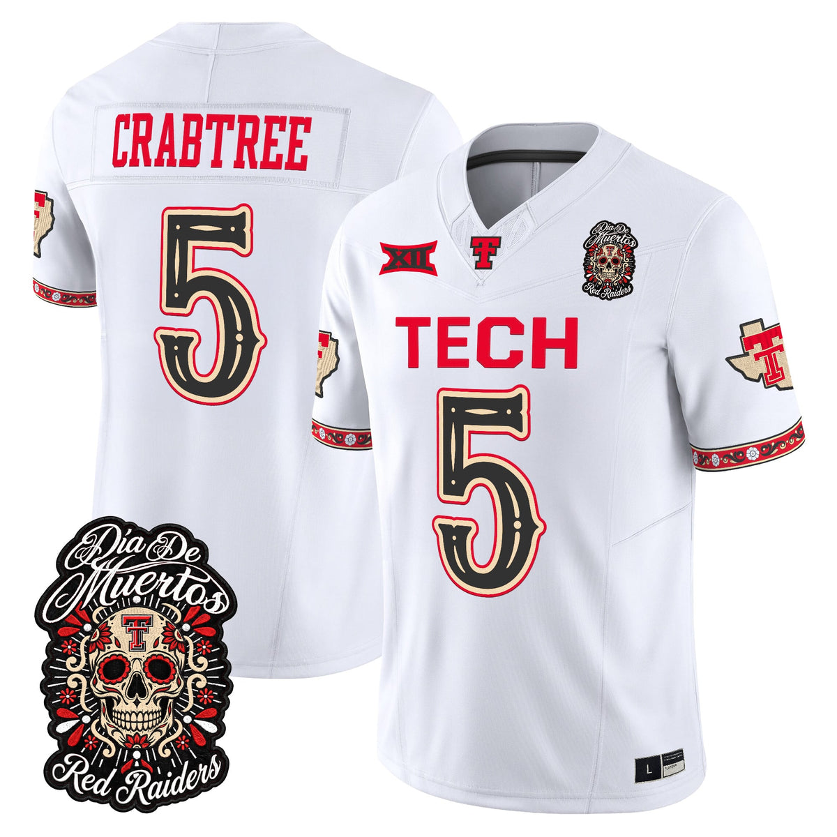 Men's Texas Tech Red Raiders Día de los Muertos Vapor Limited Jersey - All Stitched - White - Michael Crabtree
