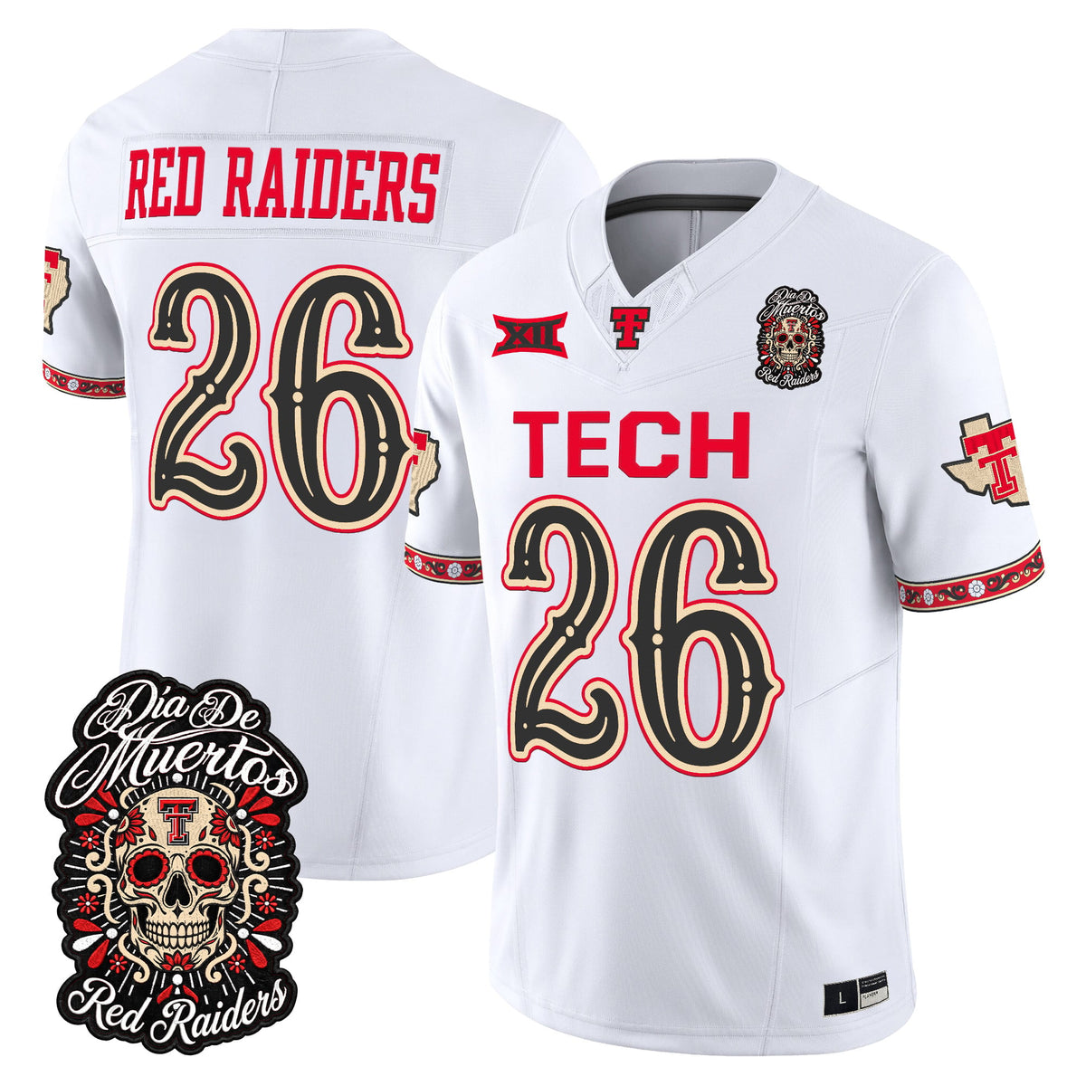 Men's Texas Tech Red Raiders Día de los Muertos Vapor Limited Jersey - All Stitched - White - #26 Red Raiders