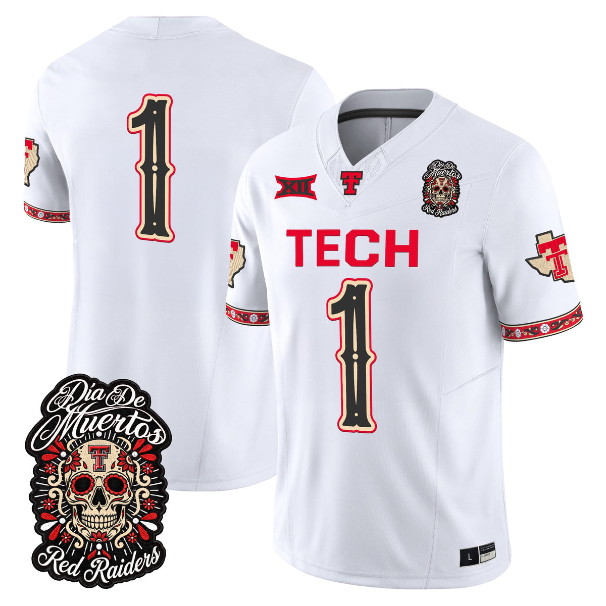 Men's Texas Tech Red Raiders Día de los Muertos Vapor Limited Jersey - All Stitched - White - #1 Team