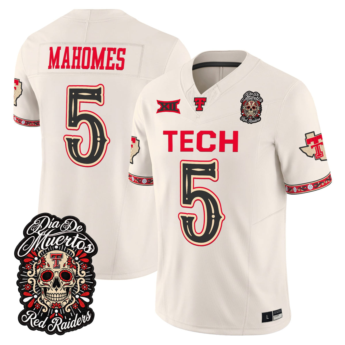 Men's Texas Tech Red Raiders Día de los Muertos Vapor Limited Jersey - All Stitched - Bone - Patrick Mahomes