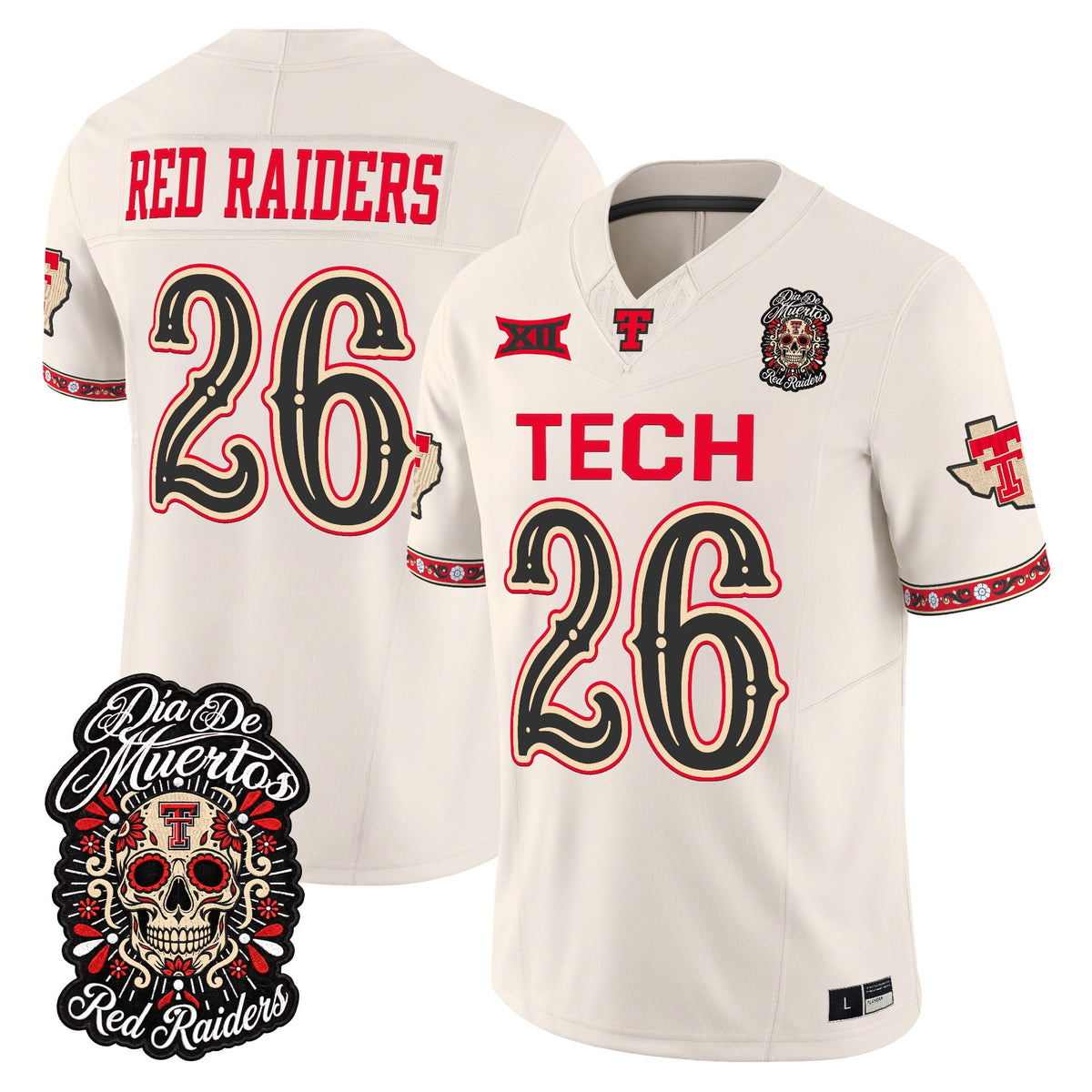 Men's Texas Tech Red Raiders Día de los Muertos Vapor Limited Jersey - All Stitched - Bone - #26 Red Raiders