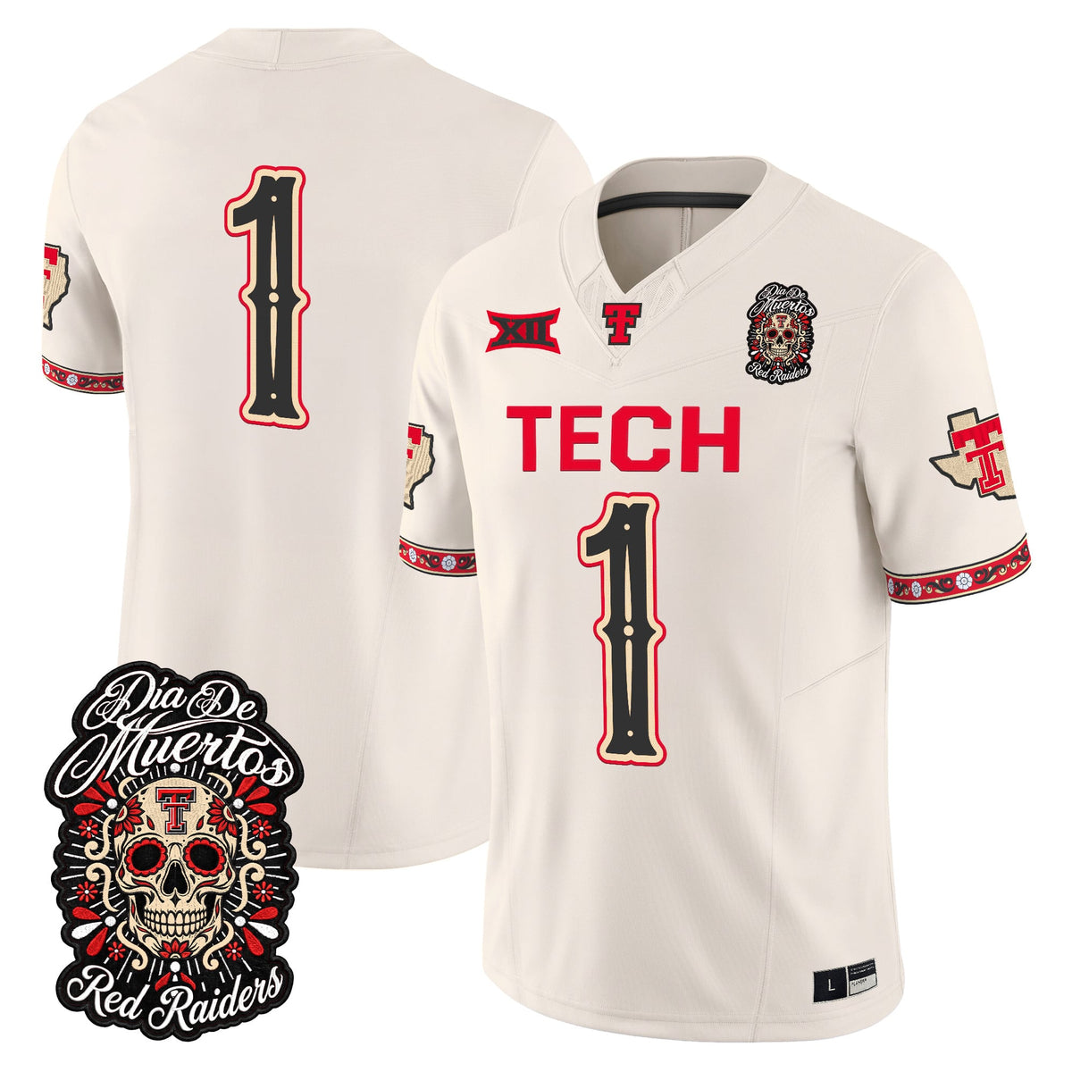 Men's Texas Tech Red Raiders Día de los Muertos Vapor Limited Jersey - All Stitched - Bone - #1 Team