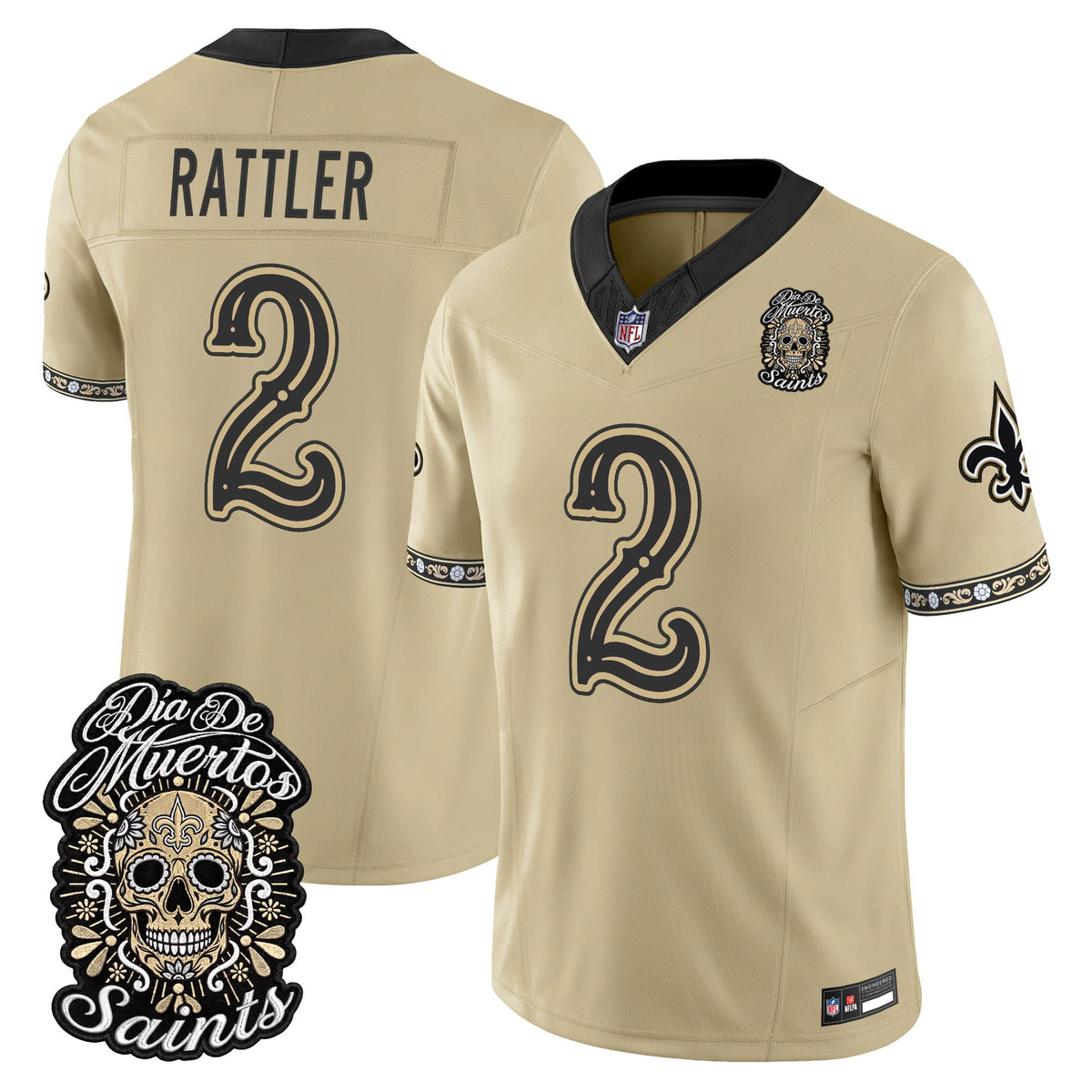 Men's New Orleans Saints Día de los Muertos Vapor Limited Jersey - All Stitched - Gold - Spencer Rattler