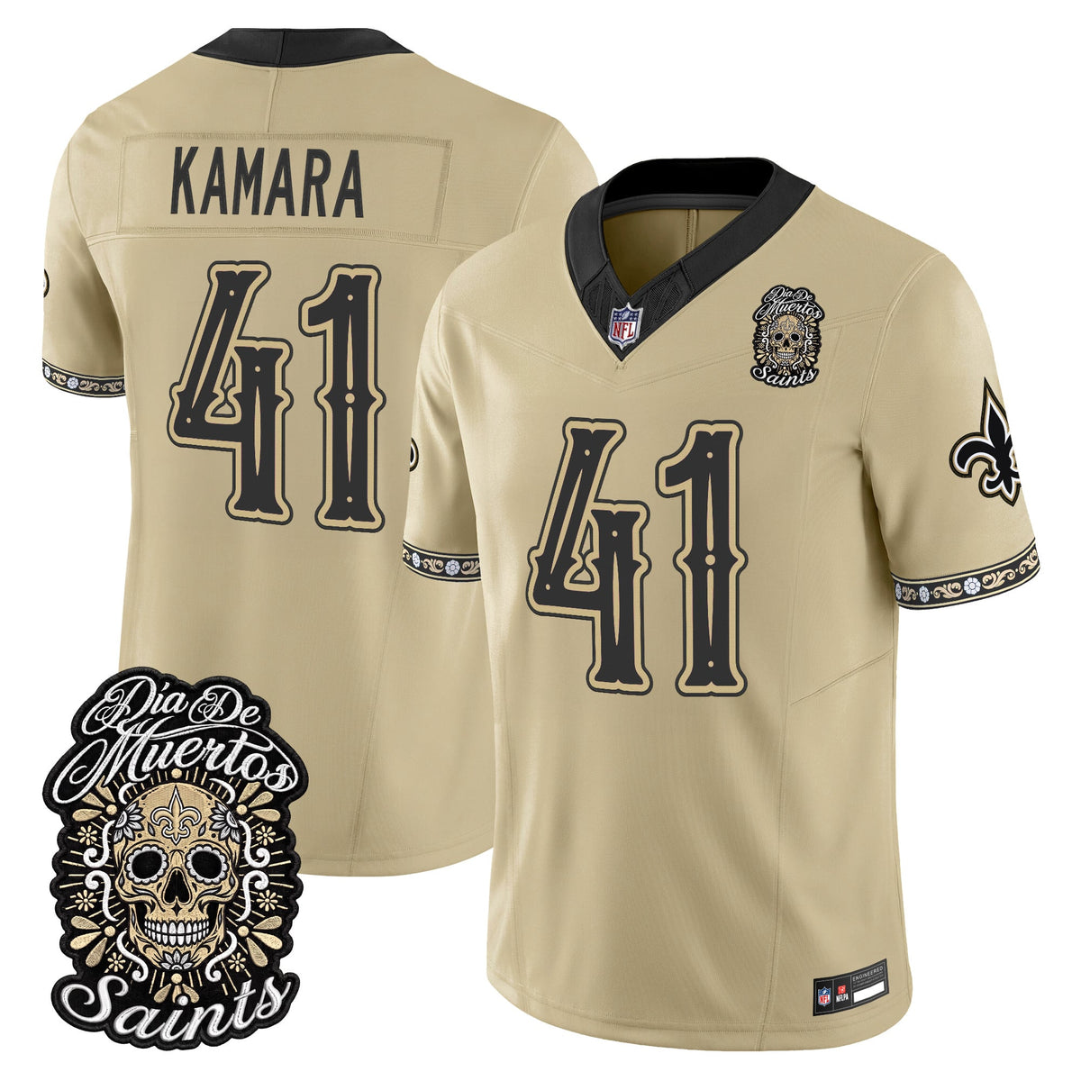 Men's New Orleans Saints Día de los Muertos Vapor Limited Jersey - All Stitched - Gold - Alvin Kamara