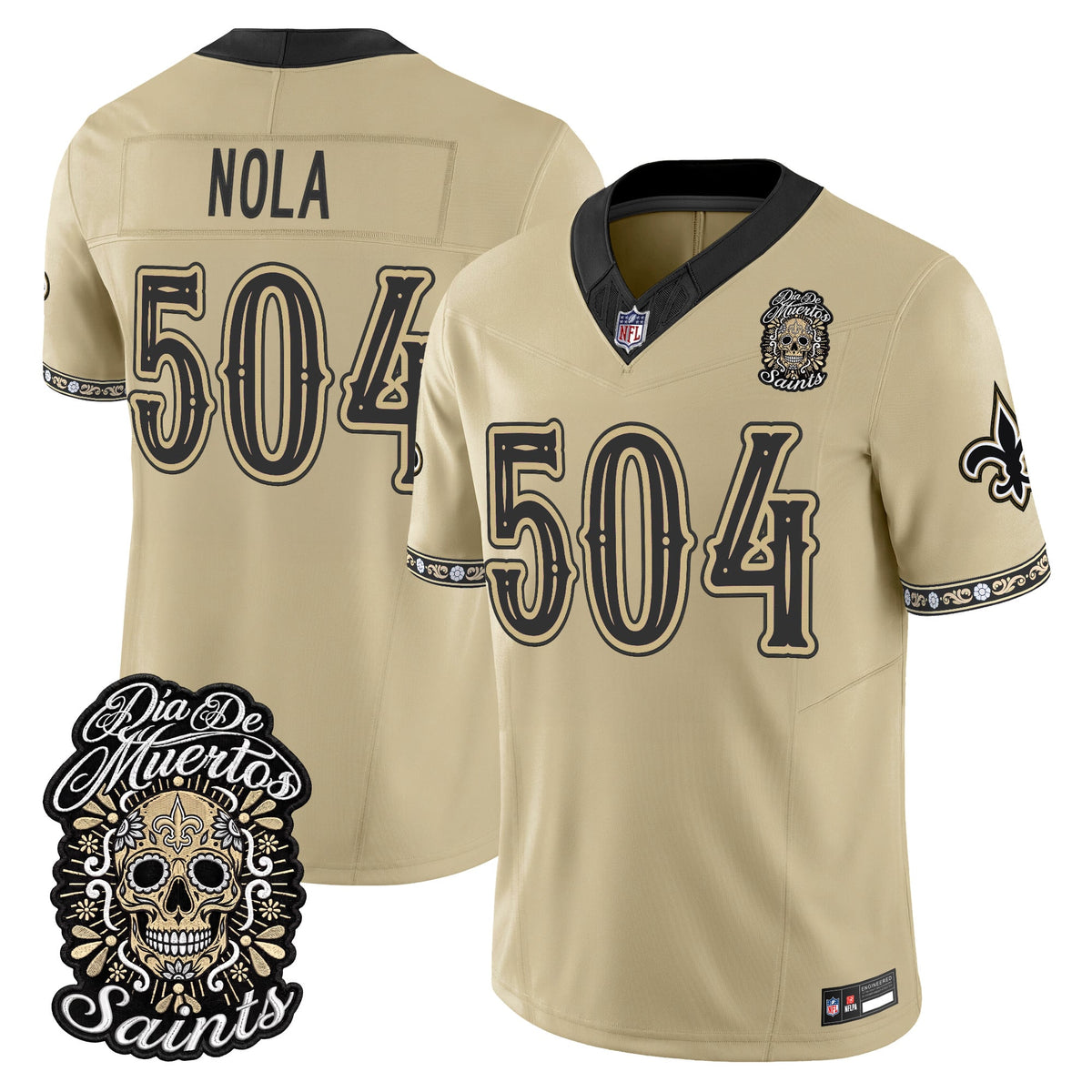 Men's New Orleans Saints Día de los Muertos Vapor Limited Jersey - All Stitched - Gold - NOLA 504
