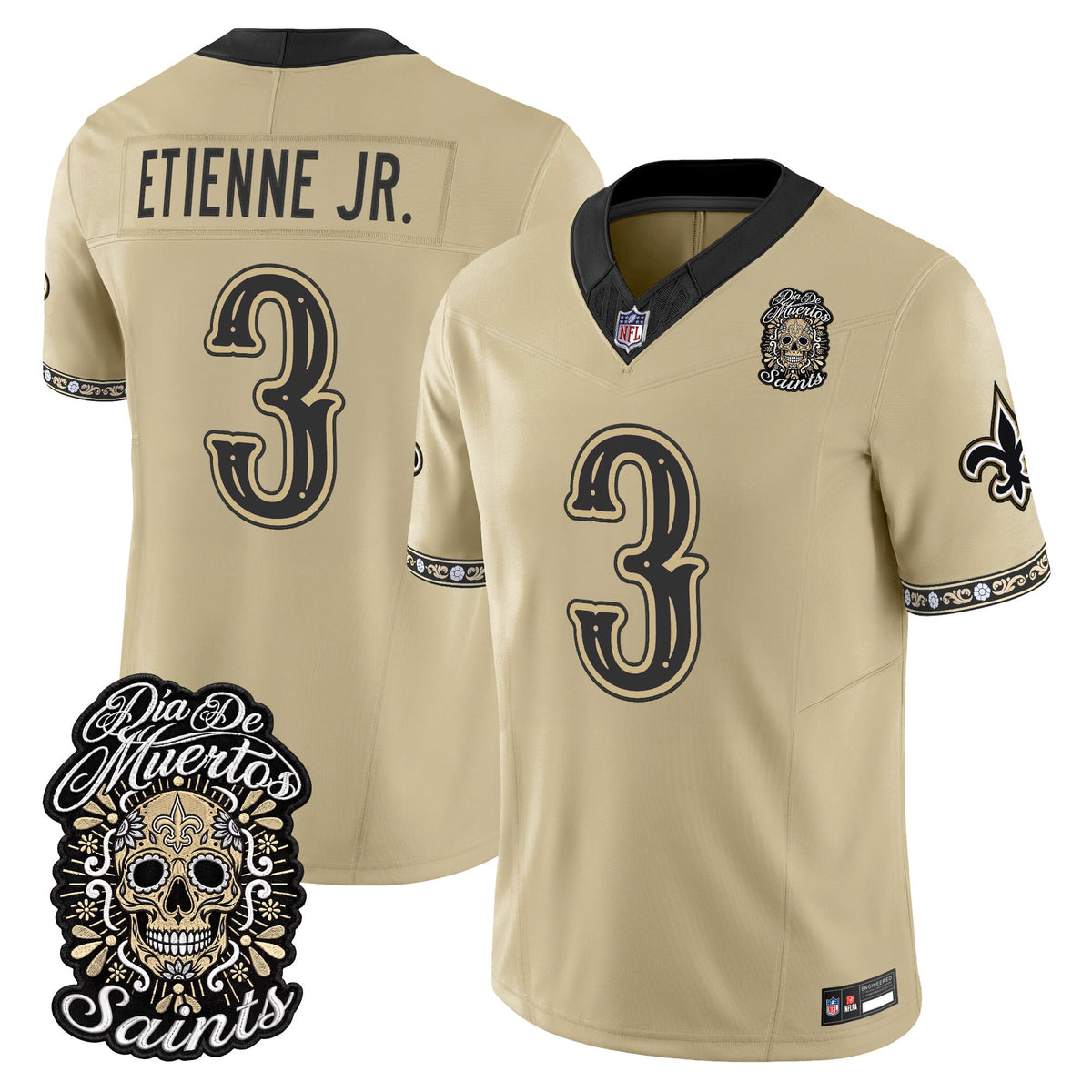 Men's New Orleans Saints Día de los Muertos Vapor Limited Jersey - All Stitched - Gold - Travis Etienne Jr.