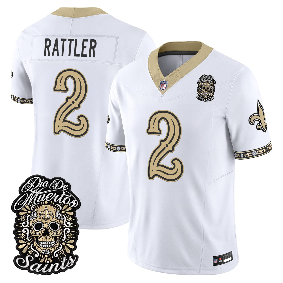 Men's New Orleans Saints Día de los Muertos Vapor Limited Jersey - All Stitched - White - Spencer Rattler