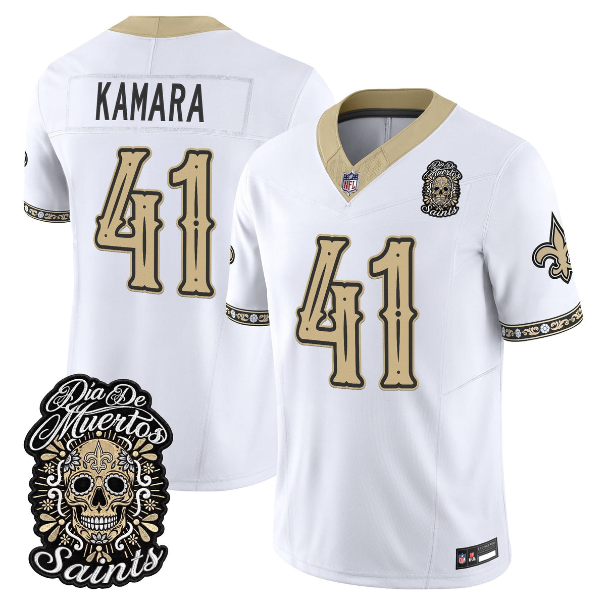 Men's New Orleans Saints Día de los Muertos Vapor Limited Jersey - All Stitched - White - Alvin Kamara