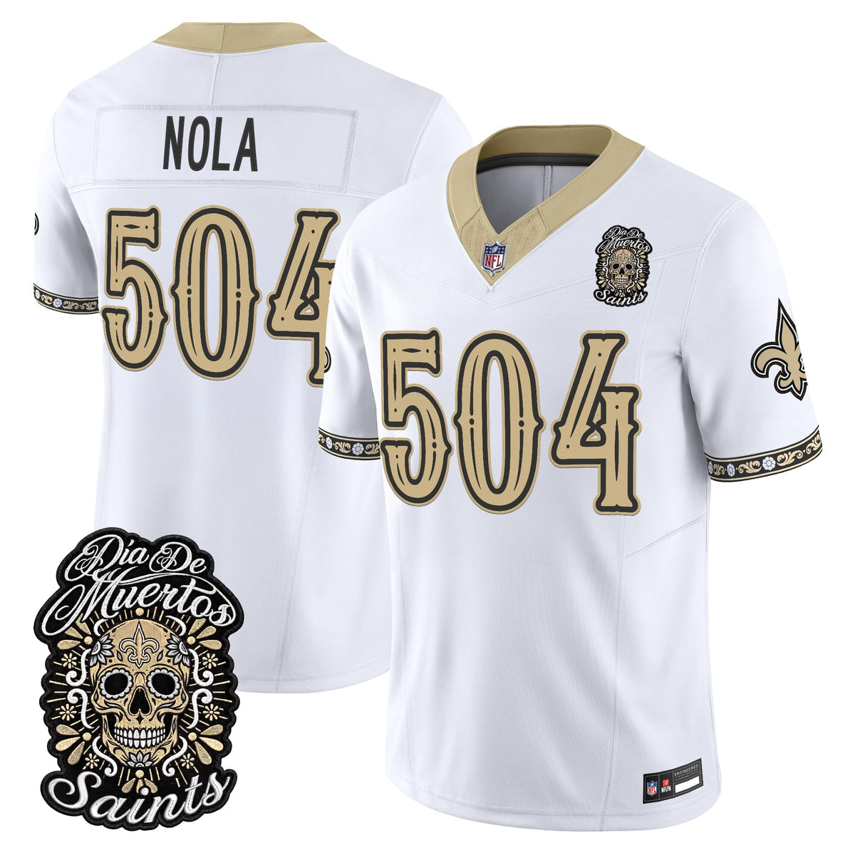 Men's New Orleans Saints Día de los Muertos Vapor Limited Jersey - All Stitched - White - NOLA 504