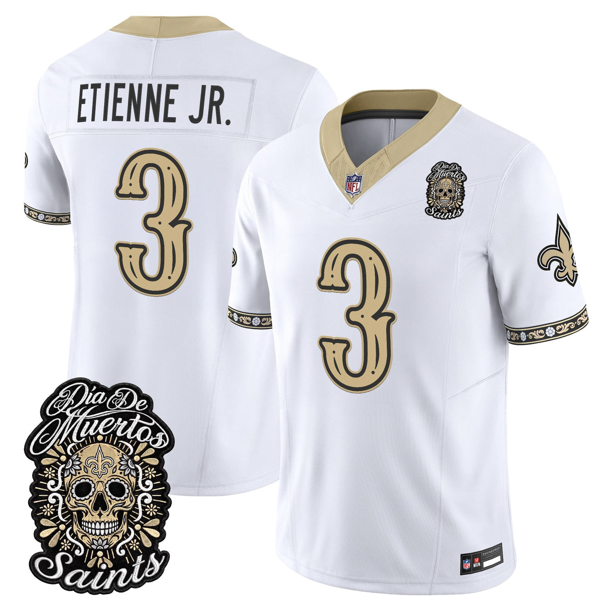 Men's New Orleans Saints Día de los Muertos Vapor Limited Jersey - All Stitched - White - Travis Etienne Jr.