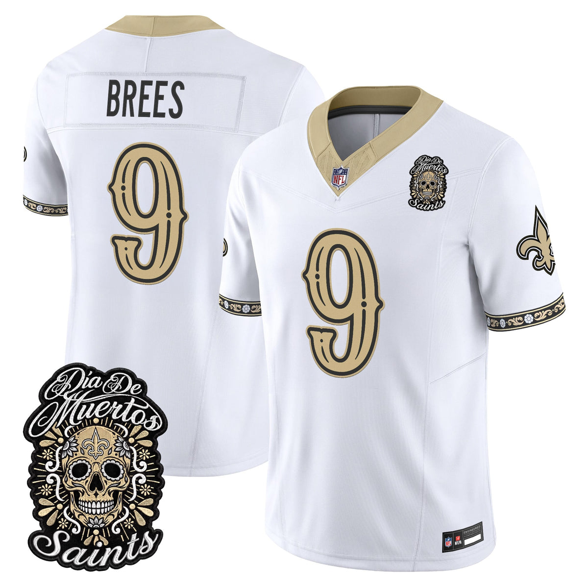 Men's New Orleans Saints Día de los Muertos Vapor Limited Jersey - All Stitched - White - Drew Brees