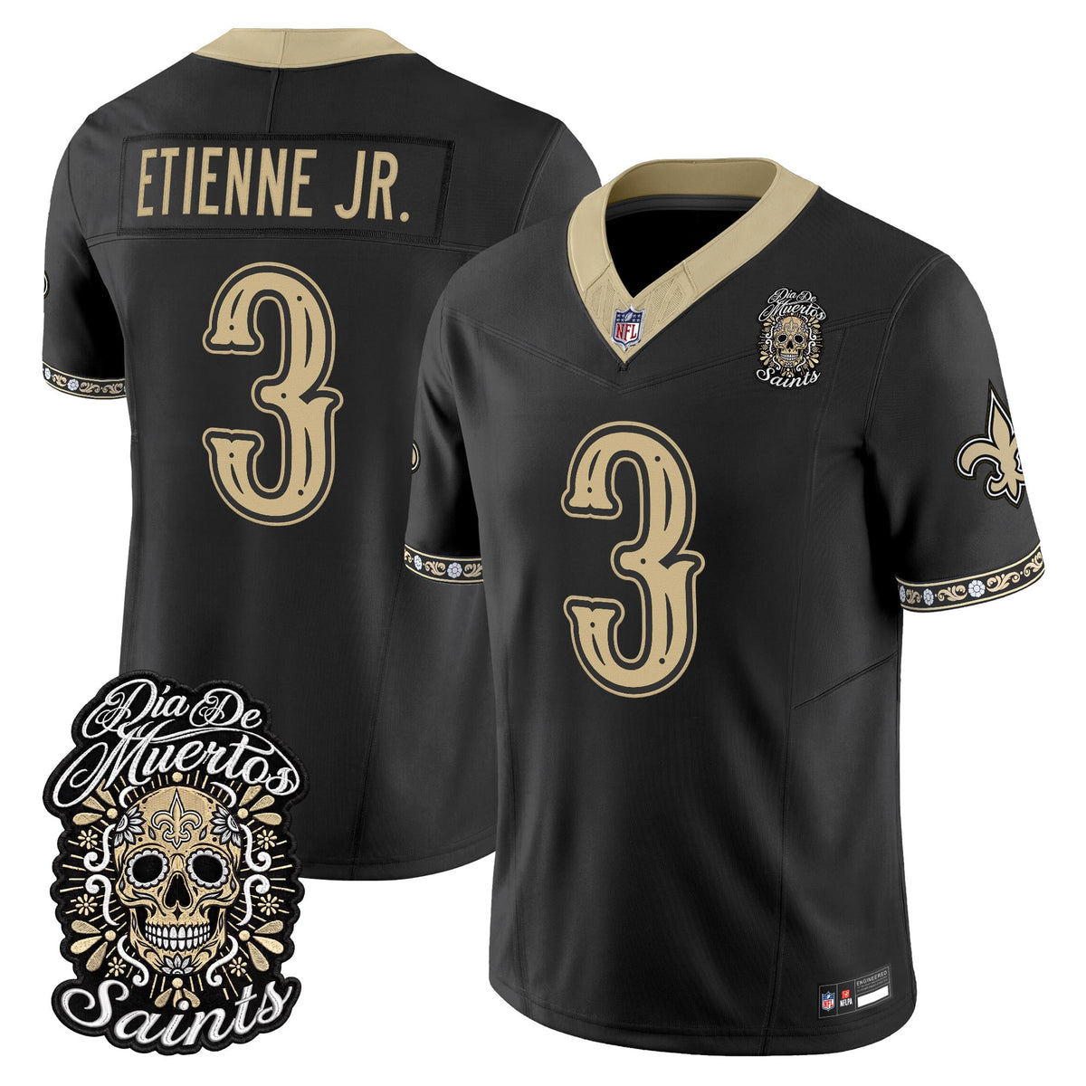 Men's New Orleans Saints Día de los Muertos Vapor Limited Jersey - All Stitched - Black - Travis Etienne Jr.
