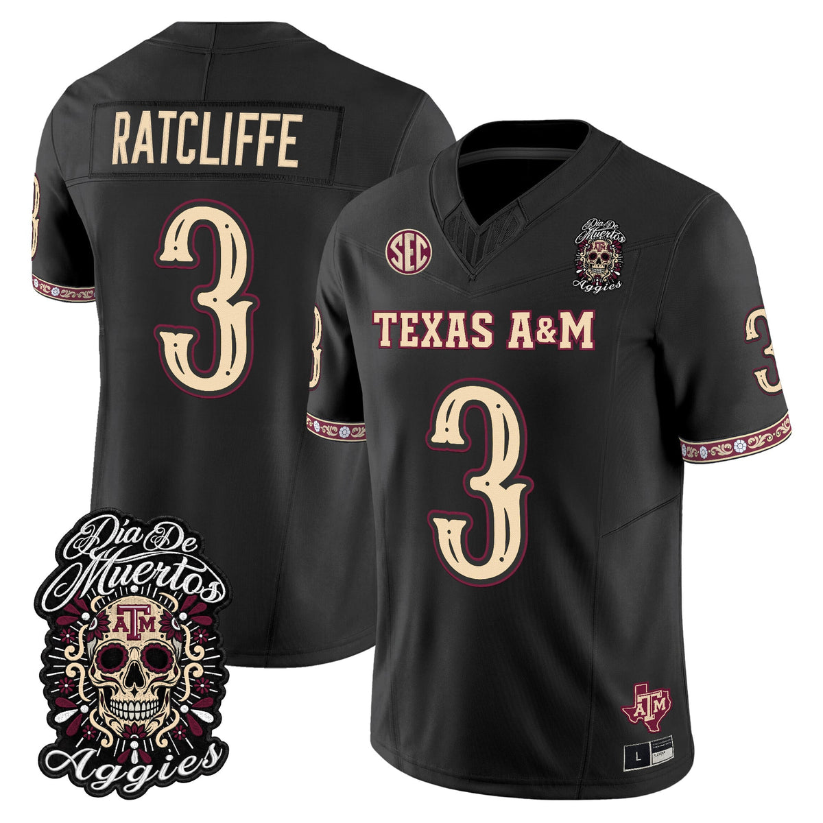 Men's Texas A&M Aggies Día de los Muertos Vapor Limited Jersey - All Stitched - Black - Marcus Ratcliffe