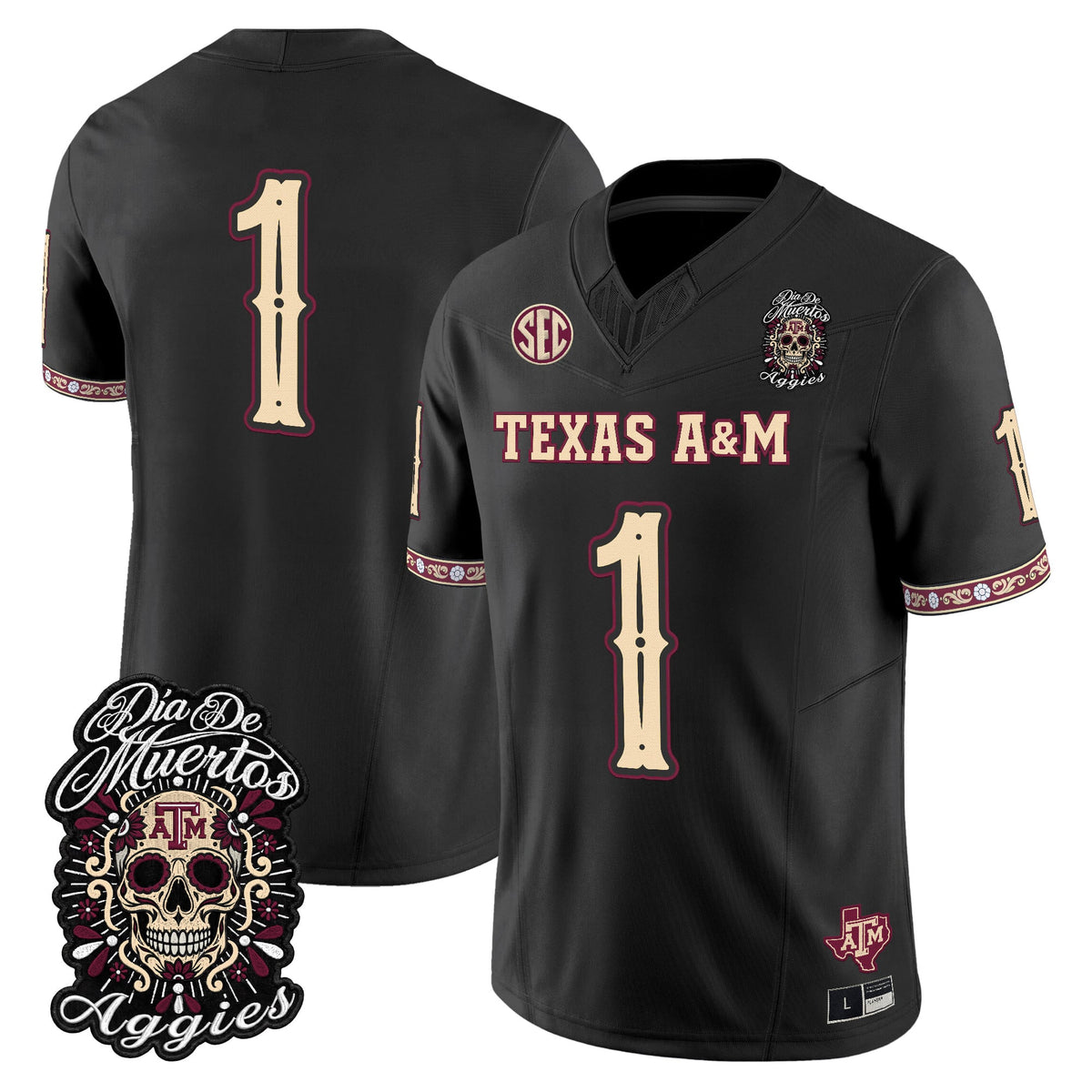 Men's Texas A&M Aggies Día de los Muertos Vapor Limited Jersey - All Stitched - Black - #1 Team
